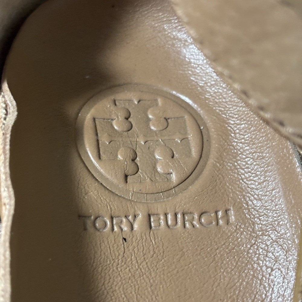 Pre-owned Tory‎ Burch Women's Tan Leather High Heel Wedge Sandals Sz 7M - Picture 6 of 6